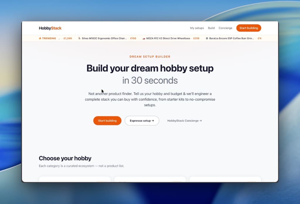 HobbyStack dream setup builder in a Mac-style Screen Studio frame