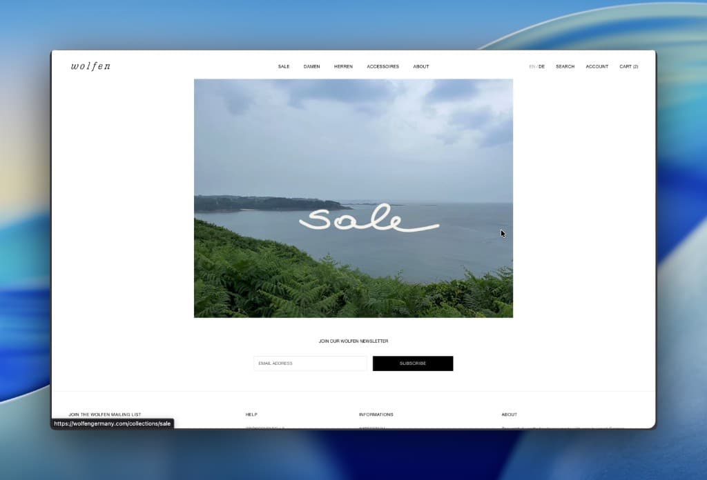 Wolfen Germany Prestige storefront in a Mac-style Screen Studio frame